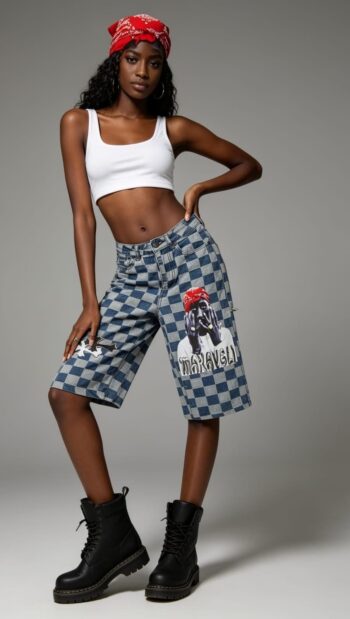 Blue and grey checkerboard graphic denim jorts for teens – Violet Style Hub