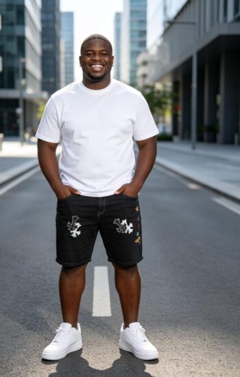Black denim jorts with white cross patches – Violet Style Hub