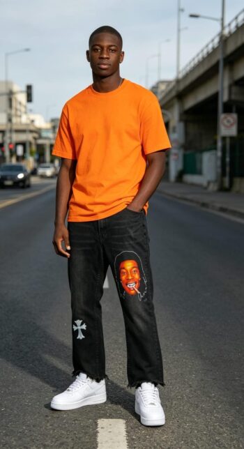 Black washed Portrait Cross graphic jeans – Violet Style Hub